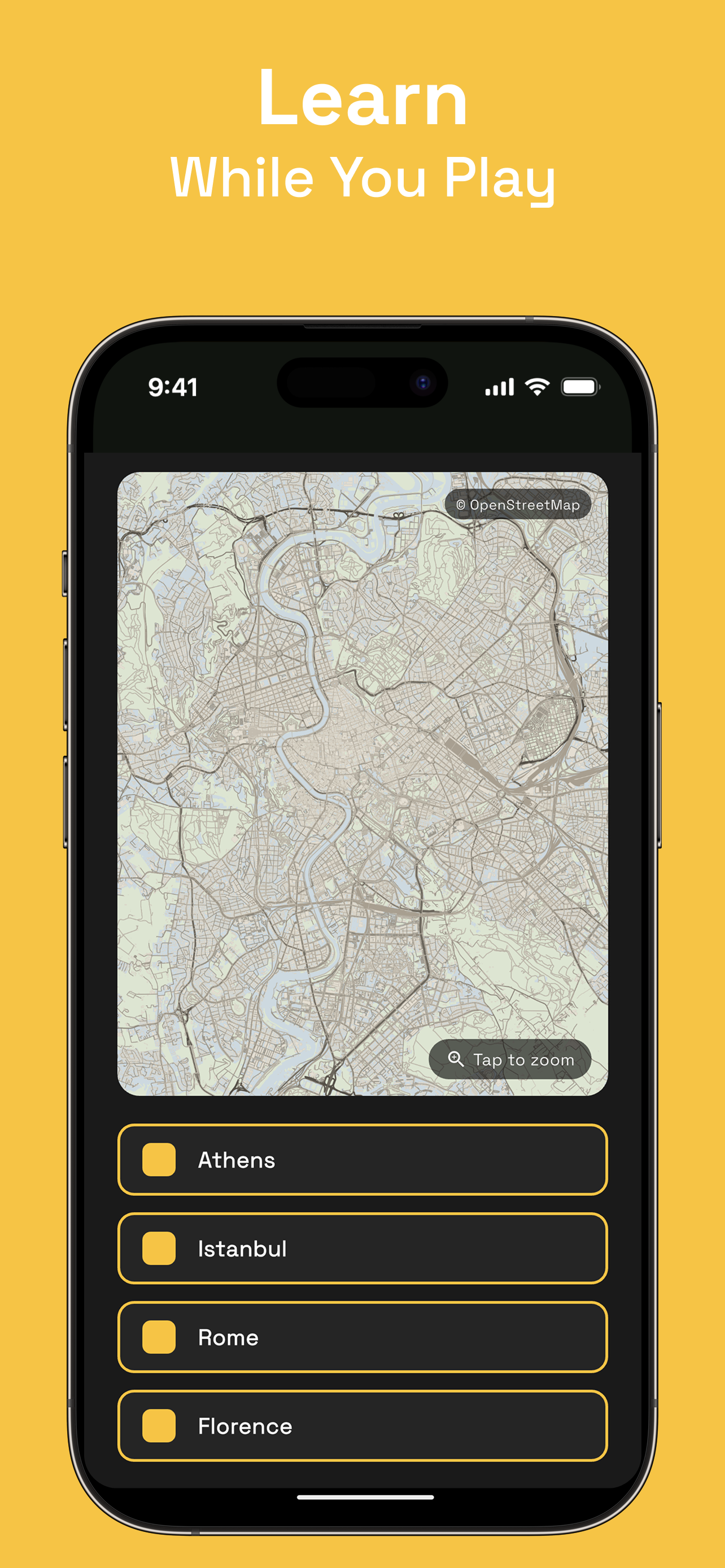 Learn while you play — quiz round with map and multiple choice answers