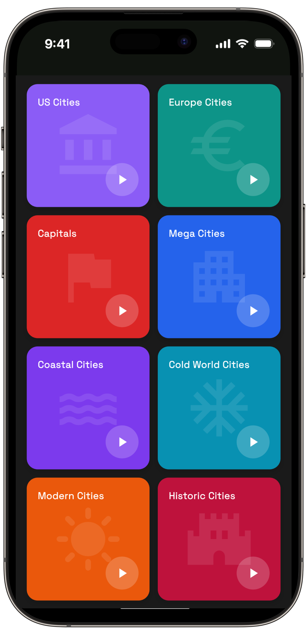 City Map Guesser app showing themed city pack selection